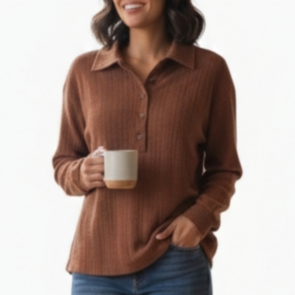 DOKOTOO Brown Textured Long Sleeve Polo Top Women's Size S New